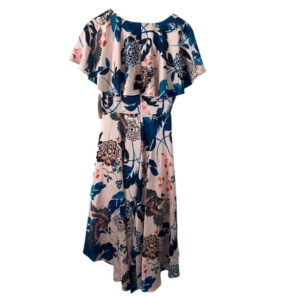 Eliza J Floral Flutter High Low Faux Wrap Dress Floral Exotic Birds Feminine 8 - Picture 10 of 15